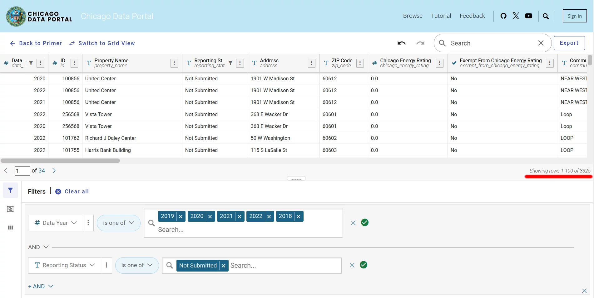 A screenshot of the city data portal showing a view of buildings filtered by the
years 2018, 2019, 2020, 2021, and 2022, and a reporting status of 'Not Reporting',
with the total results returned of 3,325 underlined in red
